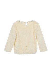 Cremfarbenes, flauschiges Langarmoberteil mit weicher Textur, rundem Ausschnitt und Schlüsselspalte im Rücken. Saum und Ärmelbündchen sind leicht strukturiert.