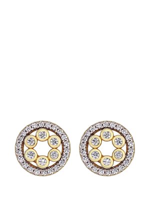 Runde Goldstecker-Ohrringe mit einem zentralen Ring aus sechs Diamanten, umgeben von einem Kreis kleinerer Diamanten.