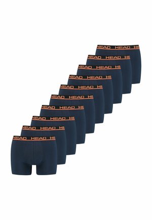 Neun Paar dunkelblaue Herren-Boxershorts mit schwarzen Taillenbändern und orangefarbener "HEAD"-Marke, diagonal auf weißem Hintergrund angeordnet.