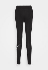 Leggings noirs en matière extensible, dotés d'une taille haute et d'un détail de logo blanc près de la cheville, avec une texture lisse.