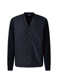 Chaqueta negra con un frente de cuello y botones, con un cuerpo acolchado y mangas de punto, que combina texturas elegantes y un diseño moderno.