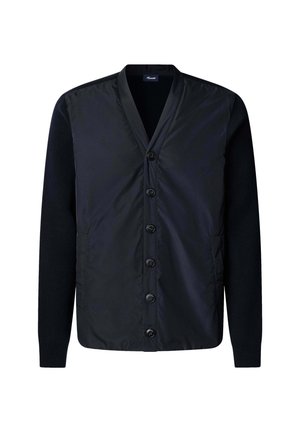 Giacca nera con colletto, chiusura a bottoni e corpo trapuntato con maniche a maglia, che unisce texture eleganti a un design moderno.