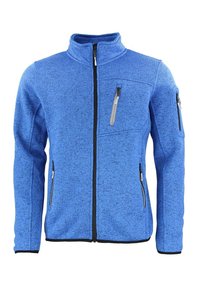 Giacca in pile blu con colletto alto, zip nera, tre tasche con zip e motivo testurizzato. Maniche lunghe con polsini a bande.