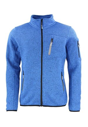 Veste en polaire bleue avec un col haut, fermeture éclair noire, trois poches zippées et un motif texturé. Manches longues avec poignets côtelés.