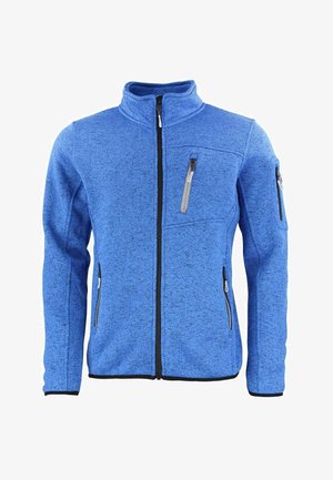 Veste en polaire bleue avec un col haut, fermeture éclair noire, trois poches zippées et un motif texturé. Manches longues avec poignets côtelés.