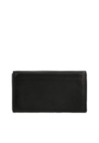 Black leather wallet with a smooth texture, rectangular shape, stitched edges, and a minimalist design, featuring no visible hardware or patterns.