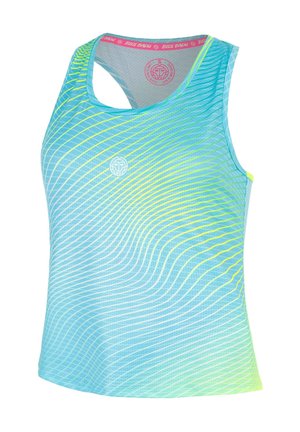 Haut de sport sans manches bleu clair avec des motifs de bandes courbes jaunes et un petit logo blanc sur la poitrine.