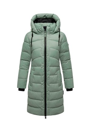 Lang quiltet mintgrønn vinterjakke med hette, svart glidelås, svarte snorer og svarte indre erm cuffs.