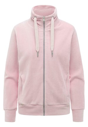 Hellrosa gerippte Zip-up-Jacke mit hohem Kragen und Kordelzug, langen Ärmeln und Seitentaschen.