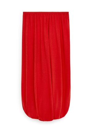 Loszittende, knielange rode rok met elastische tailleband en geplooide zoom, gemaakt van zachte, lichte stof.