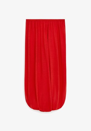 Løs, rød nederdel til knæet med elastisk talje og rynket kant, lavet af blødt, let stof.