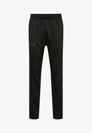 Schwarze Sporthose aus strukturiertem Stoff. Mit elastischem Bund und seitlichen Streifen für Belüftung. "P10"-Logo auf der linken Seite.