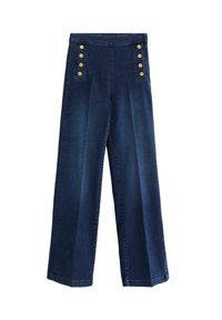 Pantaloni in denim blu scuro a gamba larga con quattro bottoni dorati decorativi sui lati frontali, caratterizzati da una texture liscia e linee pulite.