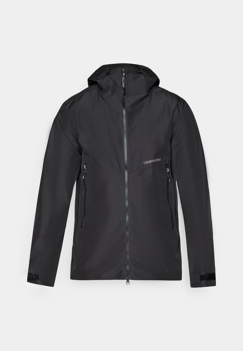 Schwarze wasserdichte Jacke mit Kapuze, durchgehendem Reißverschluss und zwei seitlichen Taschen mit Reißverschluss. Glatte Textur mit Klettverschluss an den Bündchen.