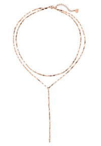Roségold-Halskette in mehreren Lagen mit länglichen ovalen Gliedern, einem Lariat-Hang am Zentrum und einem verstellbaren Verschluss mit einem kleinen Anhänger.