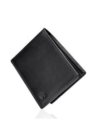 Black leather wallet with a textured finish, bi-fold design, embossed logo on the front, and visible stitching accents along the edges.