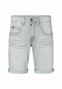 Light gray denim shorts with rolled cuffs, featuring five pockets and subtle fading. Complements include a small brown accent on the front pocket.