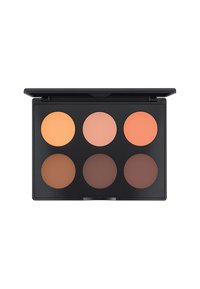 Palette de maquillage à six teintes mettant en avant des nuances mates d'orange, de pêche et de marron. Étui noir au texture lisse avec des compartiments transparents.