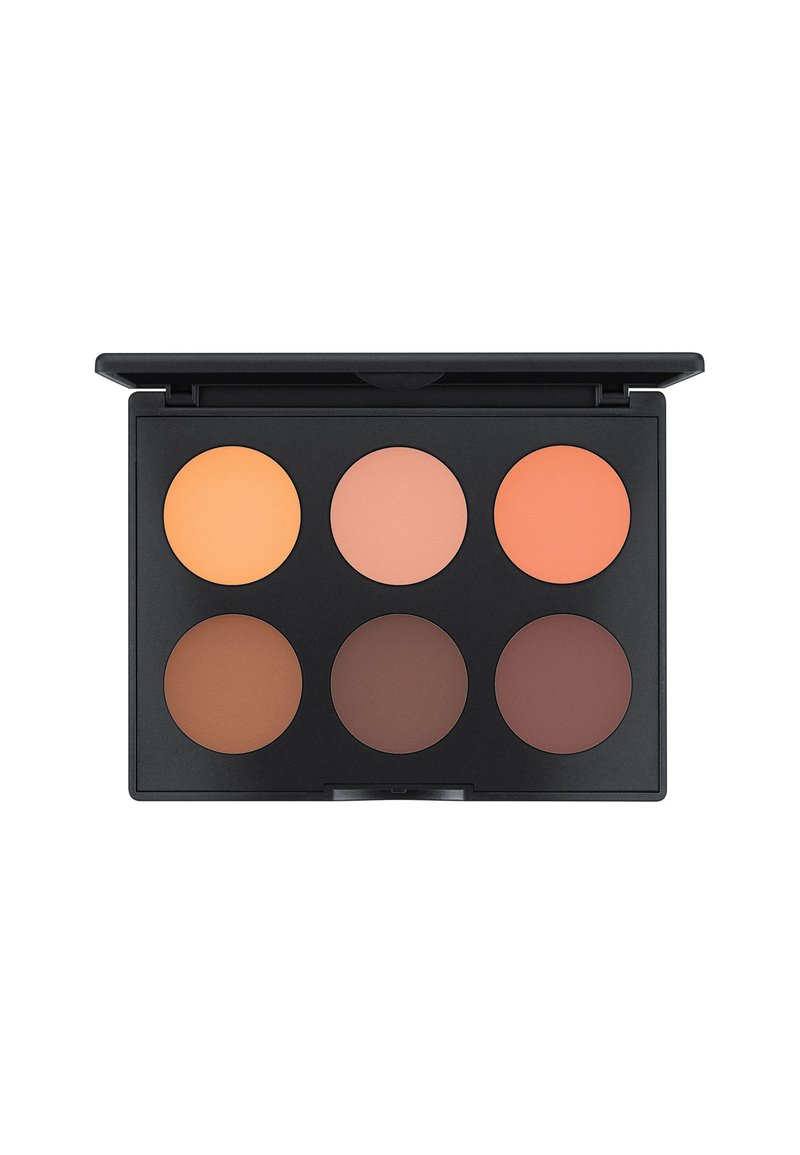 Palette de maquillage à six teintes mettant en avant des nuances mates d'orange, de pêche et de marron. Étui noir au texture lisse avec des compartiments transparents.
