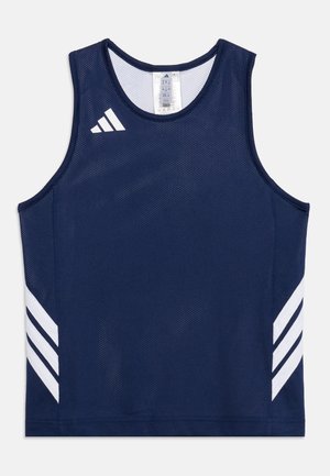Débardeur de sport bleu marine sans manches avec logo Adidas blanc sur la poitrine et trois bandes blanches de chaque côté.