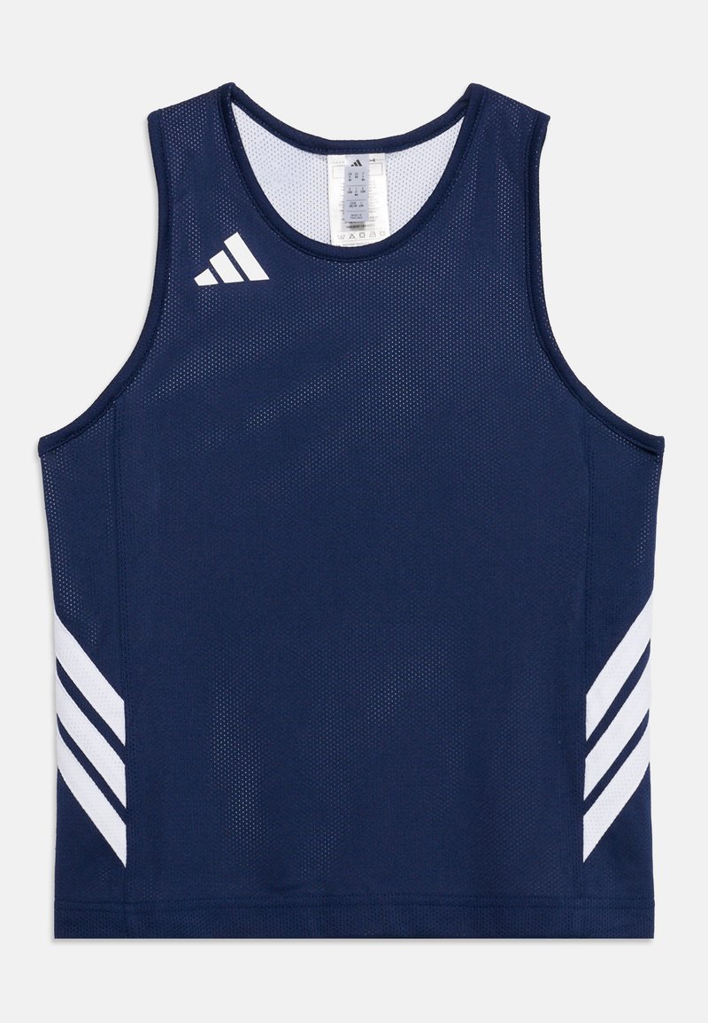 Débardeur de sport bleu marine sans manches avec logo Adidas blanc sur la poitrine et trois bandes blanches de chaque côté.