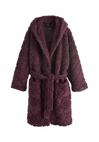 Plommefarvet lilla quiltet fleece badekåbe med hætte, to forlommer, lange ærmer og tilhørende bælte bundet i taljen.