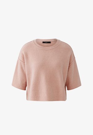 Pull court rose pâle à manches courtes et encolure ronde, avec poignets et ourlet côtelés, étiquette "oui" à l'intérieur du col.