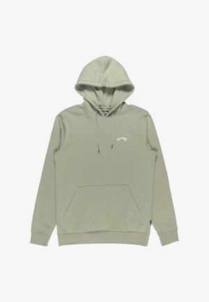 Lichtgroene Billabong capuchontrui met een voorzak en koorden op de capuchon, plat neergelegd op een witte achtergrond.