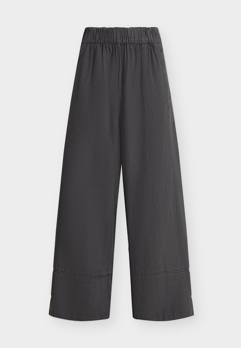 Παντελόνι ανθρακί γκρι με φαρδιά πόδια, ελαστική μέση και ραμμένη λεπτομέρεια κοντά στο τελείωμα, κατασκευασμένο από ελαφρύ ύφασμα.