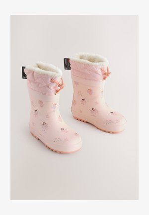 Roze waterdichte laarzen met een geruit patroon en een zachte voering, voorzien van prints van feeën en bloemen. Rubberzolen met structuur voor grip.