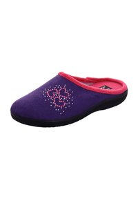 Purple slipper with pink trim, soft fabric, rounded shape, and decorative bead pattern. Black outsole provides grip. Indoor use designed.