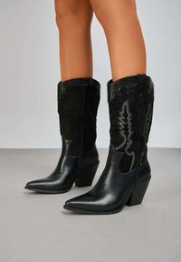 Bottes de cowboy en cuir et daim noirs avec un bout pointu, un talon bloc, et une couture décorative le long de la tige. Fermeture éclair sur le côté.