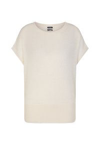 Cremfarbener Strickoberteil mit kurzen Ärmeln, runder Ausschnitt und geripptem Saum. Mit weichem Material und lockerer Passform für maximalen Komfort.