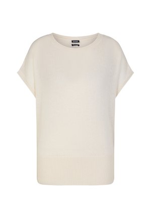 Top in maglia a maniche corte color crema con scollatura rotonda e orlo a costine. Presenta una texture morbida e una vestibilità ampia per il massimo comfort.