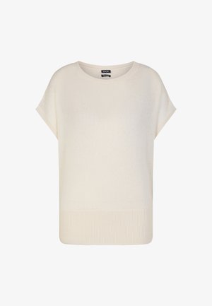 T-shirt en tricot crème à manches courtes avec un col rond et un ourlet côtelé. Présente une texture douce et une coupe ample pour le confort.