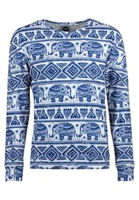 Witte blouse met lange mouwen, blauw olifant- en geometrische patronen, ronde halslijn en geribde manchetten. Gladde stoftextuur.