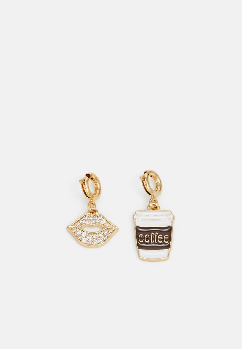 Gold-tone earrings featuring a sparkling lips charm and a coffee cup charm with brown text, set against a white background.