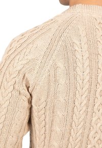 Beige kabelstickad tröja med strukturerade mönster, tjock ribbad krage och framträdande vävda detaljer på baksidan. Mjuk stickad tyg.