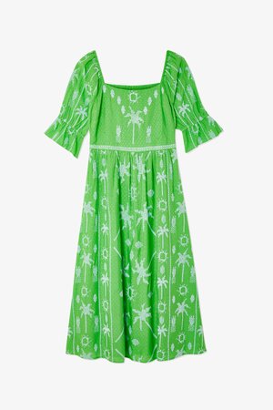 Zelené bavlněné šaty s hranatým výstřihem, kratými vycpanými rukávy a vzorovaným designem s motivy palem a slunce.