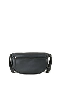 Bolso cruzado de cuero negro con forma curva, bolsillo frontal con cremallera, cierre de solapa plana y correa ajustable. Textura suave en toda su superficie.