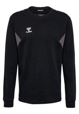 Schwarzer Langarm-Sweatshirt mit V-Ausschnitt, mit grauen Akzenten an den Schultern und einem weißen Logo auf der Brust. Hergestellt aus weichem Stoff.