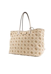 Grande borsa a tote crema con motivo a monogramma dorato, dettagli in pelle e doppi manici; forma strutturata e superficie liscia.