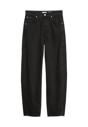 Zwarte denim jeans met een relaxte pasvorm, voorzien van een knoopsluiting, frontzakken en subtiele stikseldetails. Glatte, duurzame stof.