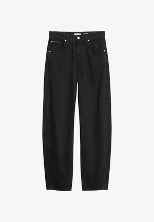 Schwarze Denim-Jeans mit einem lockeren Schnitt, mit Knopfverschluss, Fronttaschen und dezenten Nähdetails. Glattes, robustes Material.
