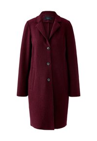 Burgundy wool coat, mid-length, with a notched collar, single-breasted front, four black buttons, and two front pockets. Textured fabric.