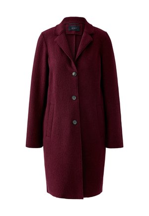 Bordeauxfarbener Wollmantel, mittellang, mit Schalkragen, einreihiger Vorderseite, vier schwarzen Knöpfen und zwei vorderen Taschen. Texturiertes Material.