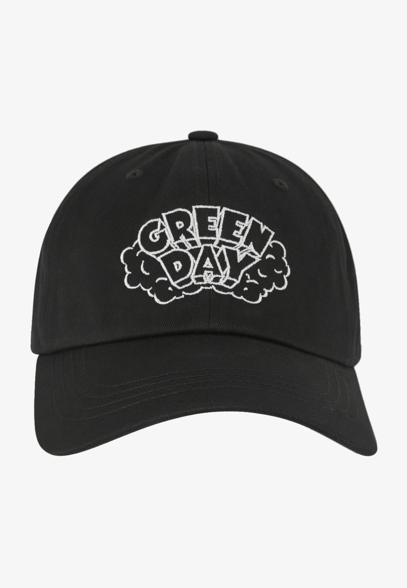 Black cotton baseball cap featuring the text "GREEN DAY" in bold white lettering with cloud accents. The design is unstructured with a curved brim.
