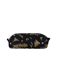 Zwart etui met abstracte gouden en paarse bladpatronen, voorzien van een rits en gemaakt van een zachte, textuurstof.