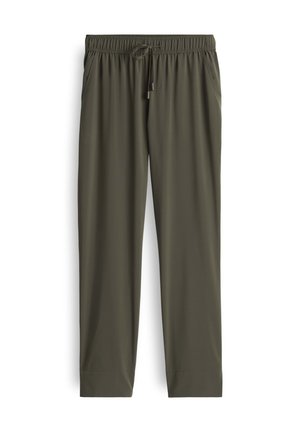 Lightweight, olive green athletic pants with a drawstring waist, side pockets, and a tapered leg design, made from a smooth, breathable fabric.