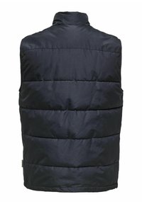 Gilet sans manches matelassé bleu marine avec un matelassage horizontal et un col montant, vu de l'arrière.